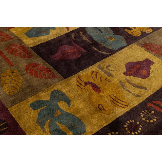 Modern Tibetan Hand-Knotted Wool and Silk Rug With Botanical and Geometric Motif For Sale - Image 9 of 10