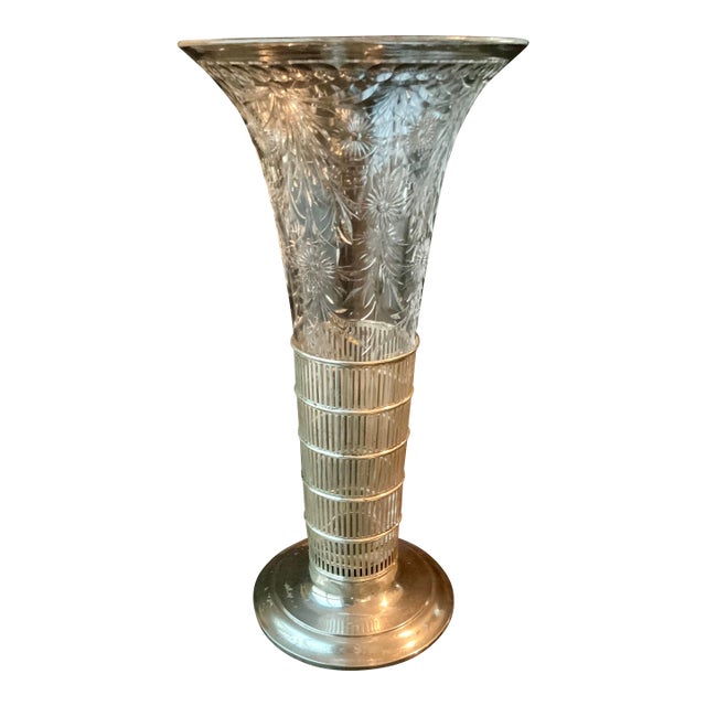 Early 20th Century Art Deco Sterling Silver Filagree & Cut Glass Tall Vase For Sale