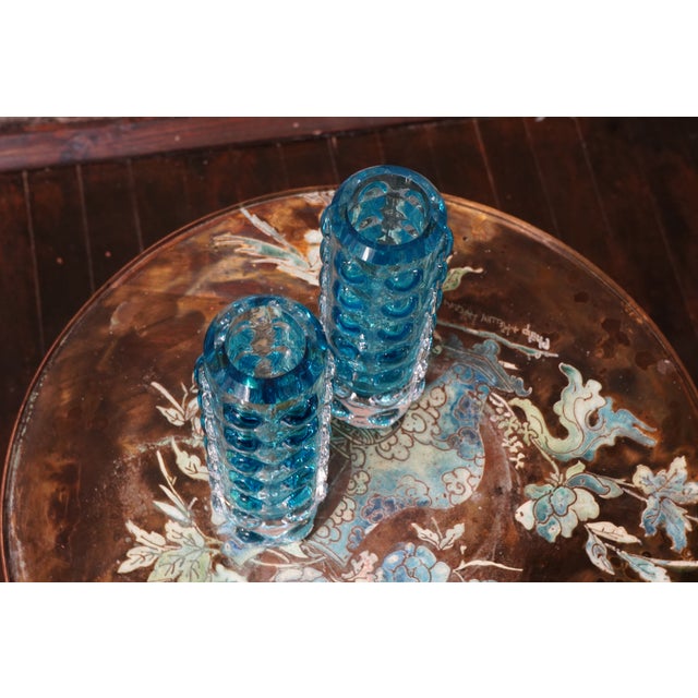 Mid-Century Modern Pair of 1960s Turquoise Bubble Glass Vases Attributed to Skruf of Sweden For Sale - Image 3 of 5