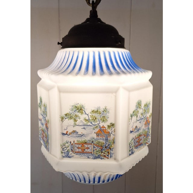 Metal Antique German Art Nouveau Pendants with Opaque White Glass Shades, Japanese Motifs and Brass Mounts, 1900s, Set of 2 For Sale - Image 7 of 9