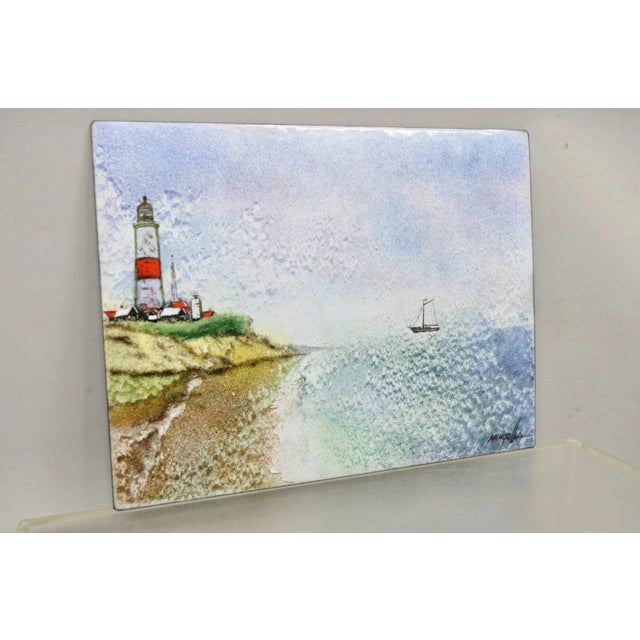 Late 20th Century Late 20th Century Dom Dominic Mingolla Enamel on Copper Painting Red Lighthouse Shoreline For Sale - Image 5 of 9