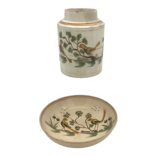 Antique English Creamware Tea Caddy & Dish Set- 2 Pieces For Sale