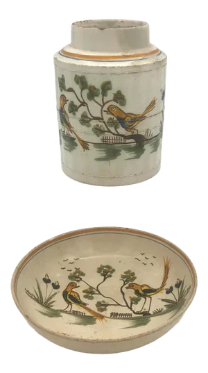 Antique English Creamware Tea Caddy & Dish Set- 2 Pieces