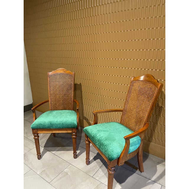 Textile Pair of Mid-Century Transitional Cane Back Armchairs in Everlast Billiard Green Chenille (Thomasville Ceremony Style) - Set of 2 For Sale - Image 7 of 12