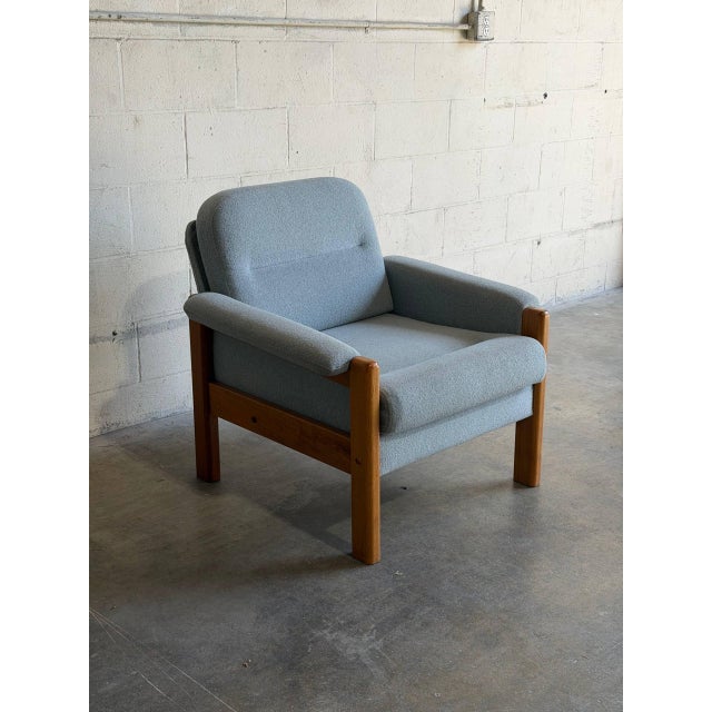 Mid-Century Modern Teak Blue Lounge Chair Fabric Upholstered Armchair Wooden Living Room Seating Denmark 1980s For Sale - Image 3 of 9