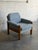 Mid-Century Modern Teak Blue Lounge Chair Fabric Upholstered Armchair Wooden Living Room Seating Denmark 1980s For Sale - Image 3 of 9