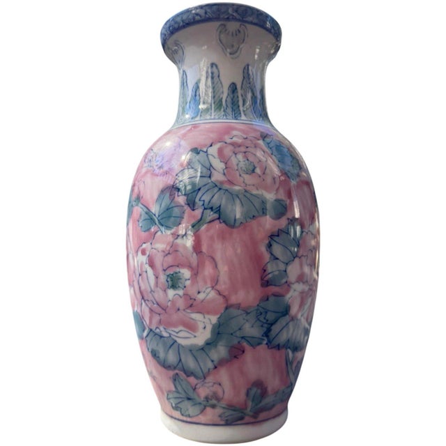 Elegant vintage Chinoiserie porcelain vase featuring a romantic palette of soft pink, blue, green, and ivory with an...