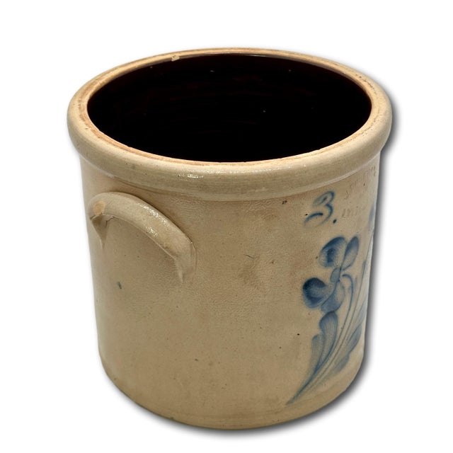 Late 19th Century Excellent Antique 1870s American Blue Double Flower Decorated 3 Gallon Stoneware Crock by J Fisher in Lyons New York For Sale - Image 5 of 16