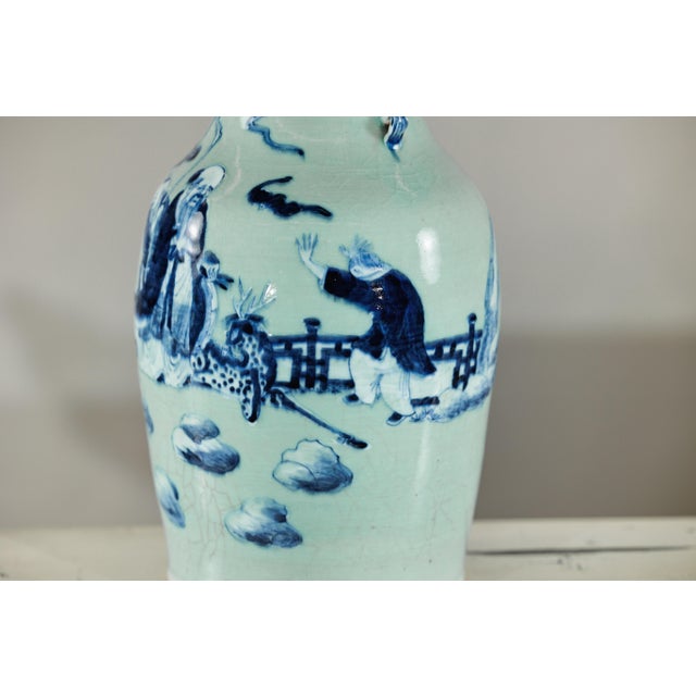 Chinese Blue and White Porcelain Altar Vase With Immortal Figures and Celadon Tint For Sale - Image 17 of 18