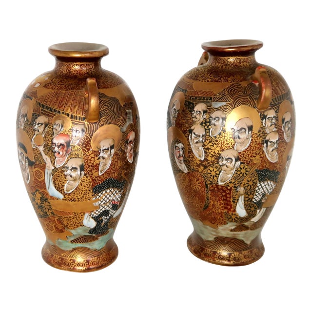 Antique Japanese Signed Satsuma Porcelain Vases, Matched Pair With Double Handles, Faces and Dragon on Each For Sale