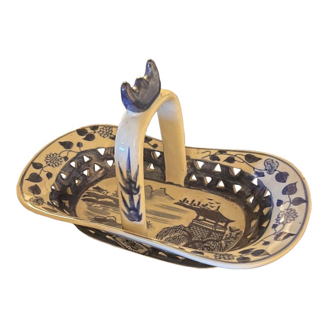 Vintage Blue and White Ceramic Basket For Sale