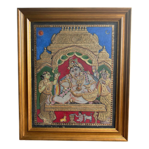 1950s Mid Century Tanjore Painting Krishna South India Indian Gold Thanjavur Framed Antique Vintage