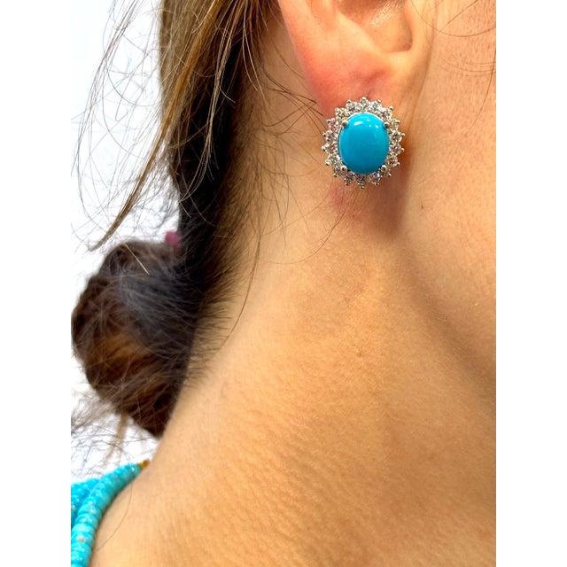 8 Ct Oval Sleeping Beauty Turquoise 1.5ct Diamond Stud Earrings 14 K Yellow Gold For Sale - Image 13 of 18