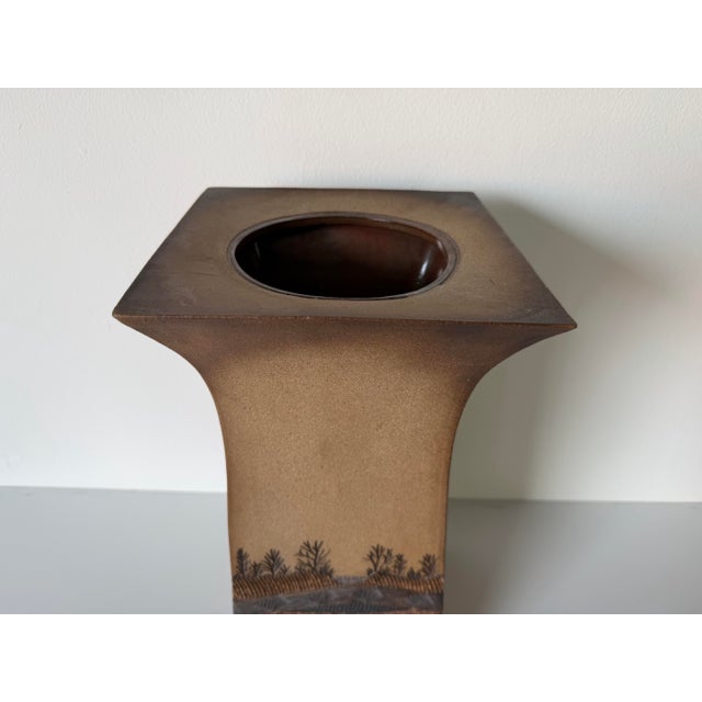 Striking vintage studio pottery vase attributed to Ron Lederer, featuring a sculptural flared silhouette and richly...
