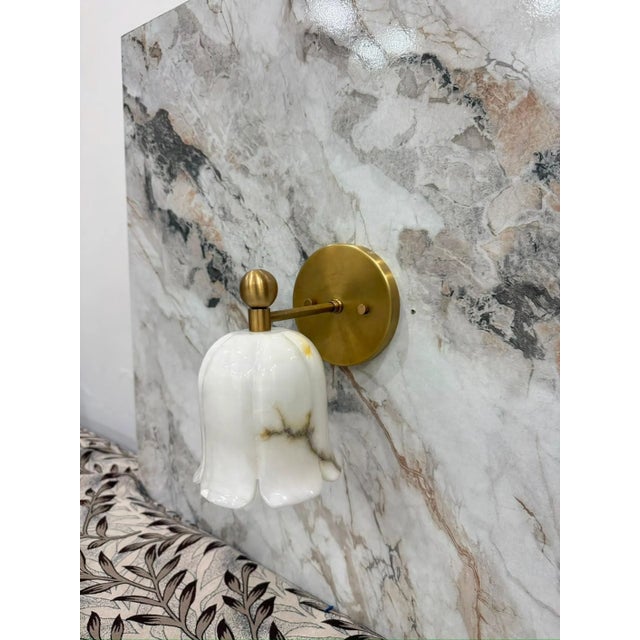 Brass Alabaster Flower Wall Sconces, Brass Ruffle Alabaster Flower Shade, Wall Sconce Marble Wall Light Pair of 2 For Sale - Image 10 of 11