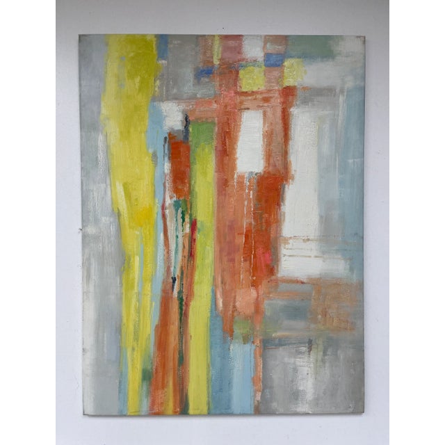 A striking and modern original oil painting on canvas featuring vertical bands of color layered with soft texture and...