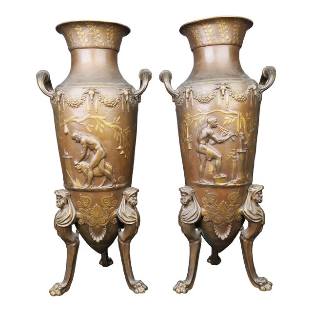 Large Pair of French Gilt and Patinated Bronze Urns, Barbedienne, Circa 1880 For Sale