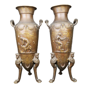 Large Pair of French Gilt and Patinated Bronze Urns, Barbedienne, Circa 1880