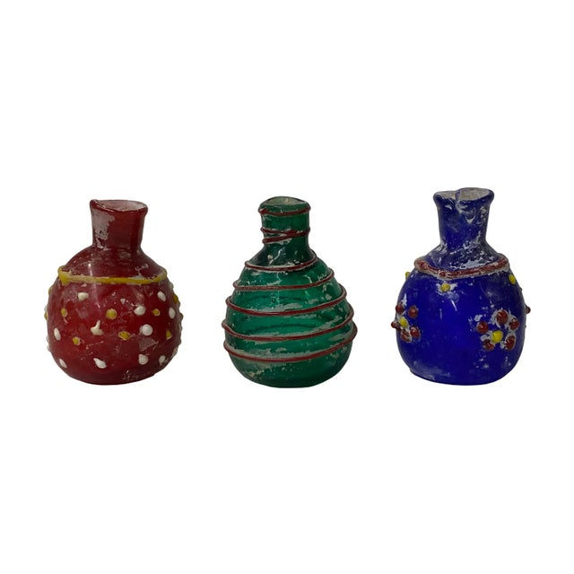 2010s 3 X Distressed Look Color Glass Small Bottle Vase Display For Sale - Image 5 of 5