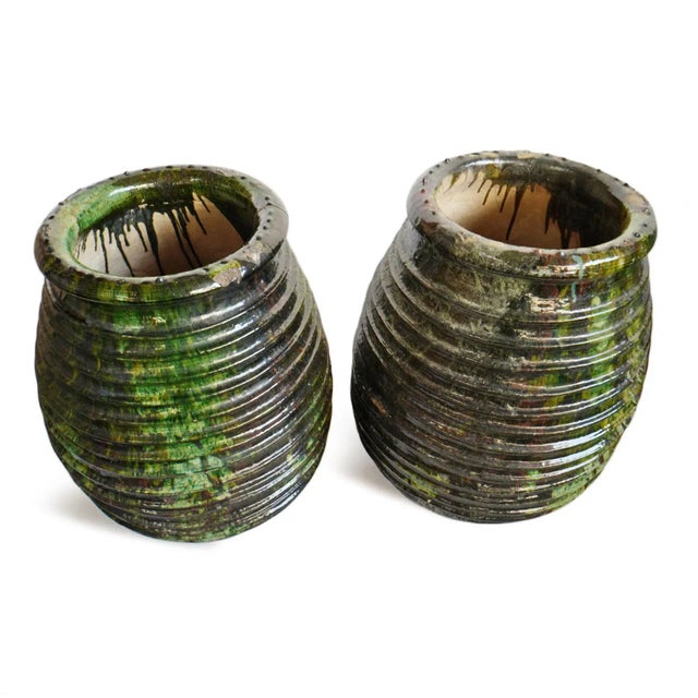 Vintage Moroccan Green Ribbed Ceramic Pottery For Sale In Los Angeles - Image 6 of 8