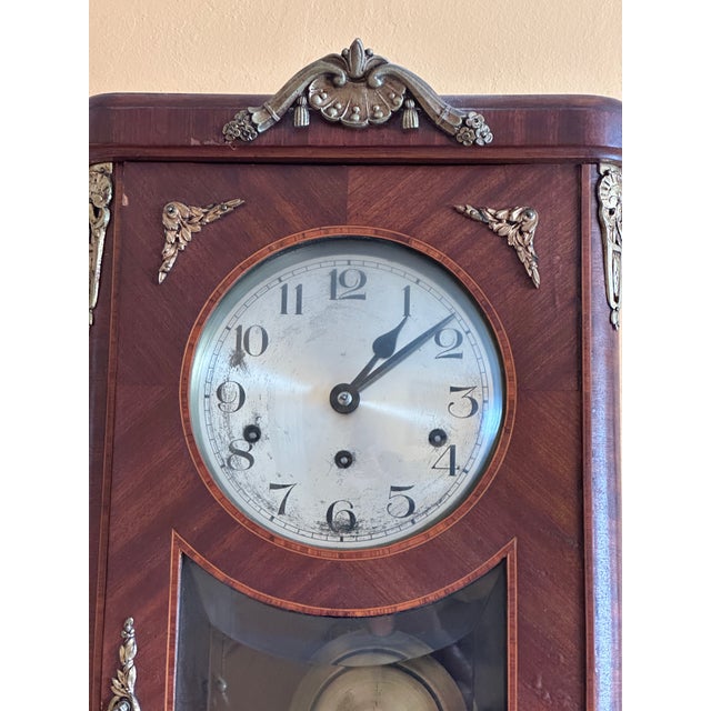 Wood Antique German Inlaid French Style Box Wall Clock 8 Day With Westminster Chime For Sale - Image 7 of 11