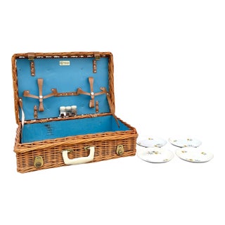 Vintage English Sirram Wicker Picnic Hamper Suitcase With Blue Interior & Plates For Sale