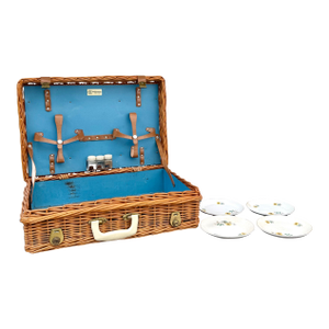 Vintage English Sirram Wicker Picnic Hamper Suitcase With Blue Interior & Plates