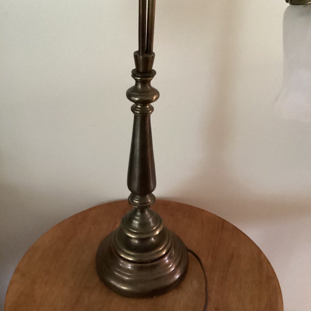 Vintage Art Nouveau Double Arm Brass Table Lamp With Ornate Fruited Base and Two Curved Arms W/Bell Shaped Glass Shades For Sale - Image 4 of 12