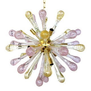 Murano Glass Sputnik Chandelier With Gold and Pink With Air Drops For Sale