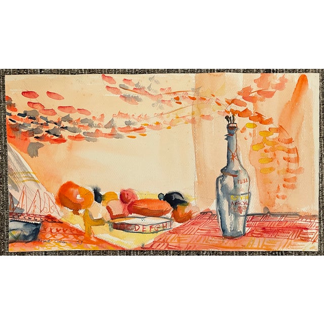 Mid-Century Modern 1953 Robert Colborne Fruit and Wine Bottle Still Life Painting For Sale - Image 3 of 4
