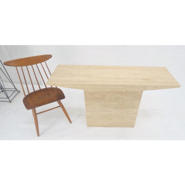 Cream Italian Mid Century Modern Single Pedestal Travertine Console Sofa Table MINT For Sale - Image 8 of 14