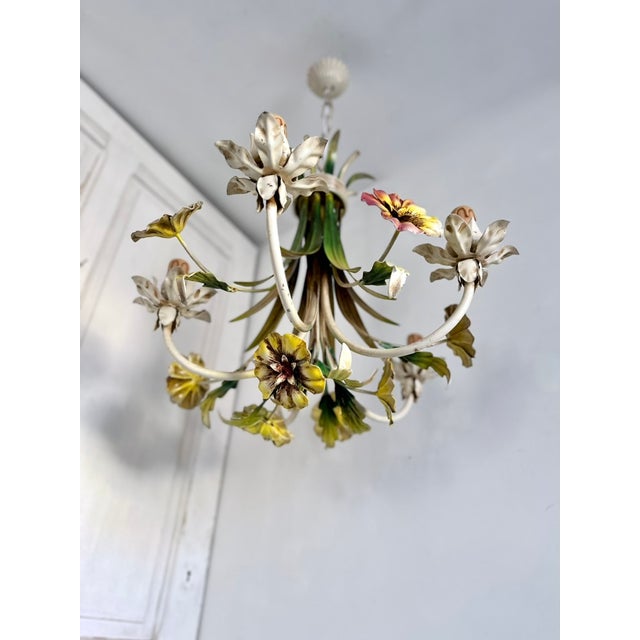 French Tole Inverted Floral Bouquet Chandelier with Five Lights, 1945 For Sale - Image 15 of 18