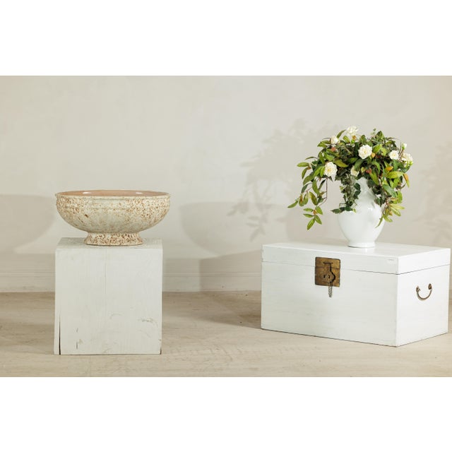 Large Artisan Ceramic Bowl with Cream and Sand Textured Glaze on Pedestal Base For Sale - Image 16 of 18