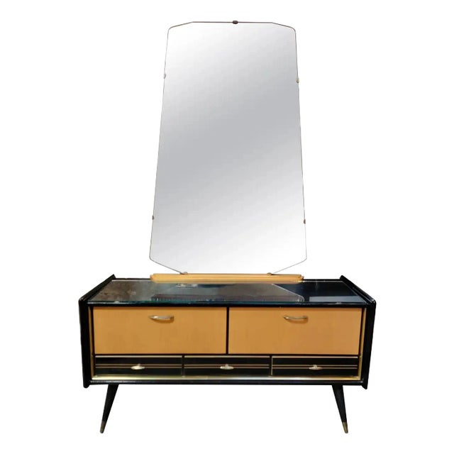 1950's Mid-Century Modern Vanity With Mirror & Lacquer Finish For Sale