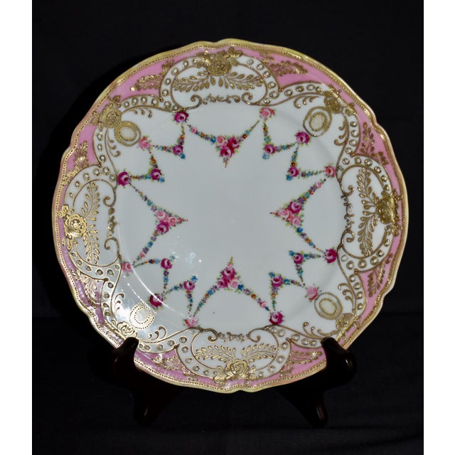 Antique Painted Porcelain Plate Nippon Encrusted Gold Pink Rose Garlands For Sale - Image 4 of 15
