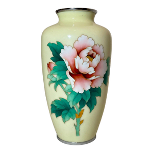 Vintage Signed Japanese Handmade Yellow Enamel Silver Floral Cloisonné Vase Urn