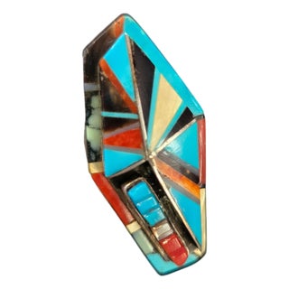 Late 20th Century Richard Begay Mosaic Sterling Turquoise Spiny Oyster Coral & Onyx Coffin Ring Size 8 For Sale