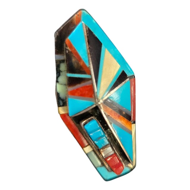 Late 20th Century Richard Begay Mosaic Sterling Turquoise Spiny Oyster Coral & Onyx Coffin Ring Size 8 For Sale