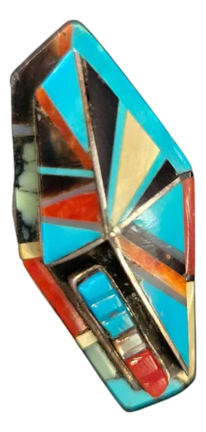 Late 20th Century Richard Begay Mosaic Sterling Turquoise Spiny Oyster Coral & Onyx Coffin Ring Size 8