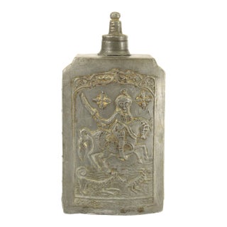18th C. Ottoman Empire Armenian Pilgrim Pewter Flask With Horsman Hunter, Dog & Deer For Sale