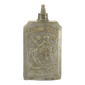 18th C. Ottoman Empire Armenian Pilgrim Pewter Flask With Horsman Hunter, Dog & Deer