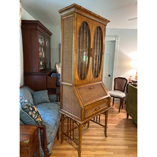 American of Martinsville 1970’s American of Martinsville Faux Bamboo Chinoiserie Palm Beach Secretary Desk With Display Cabinet For Sale - Image 4 of 12