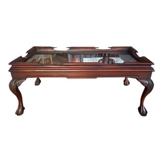 1990s Chippendale Style Ball and Claw Table With Glass Inlay For Sale