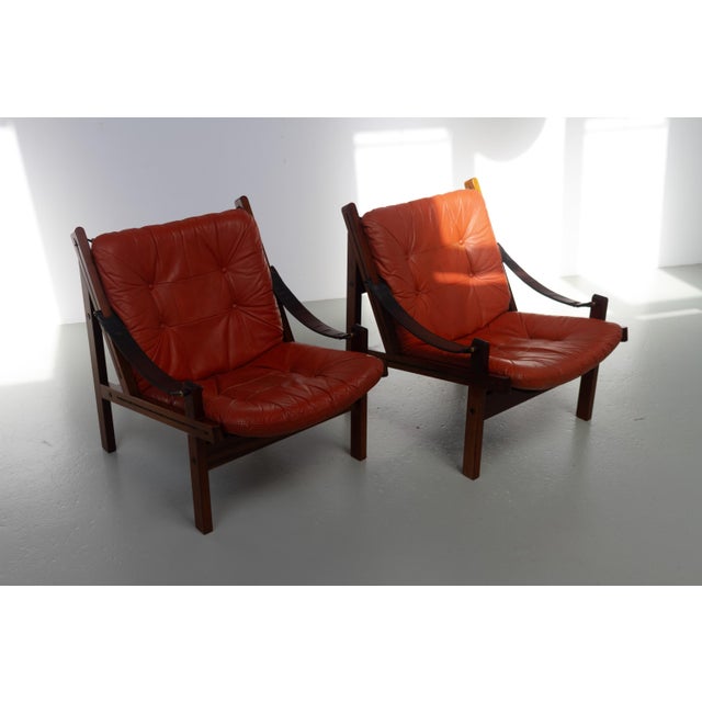 Norwegian Hunter Easy Chairs by Torbjørn Afdal for Bruksbo, 1970s. Set of 2. Great patinated pair of safari chairs model...