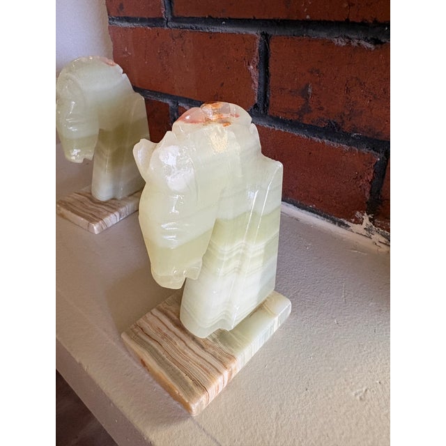 Vintage Onyx Horse Head Bookends Pair – Banded Stone Chess Knight Sculptures For Sale - Image 9 of 16