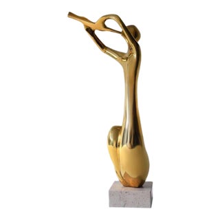 Vintage Brass Musician Sculpture, Abstract Art Deco Style Figure, Travertine Base, 1980s For Sale