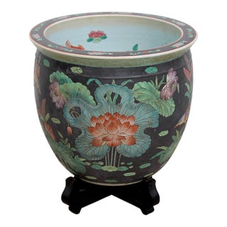 Large Antique Chinese Famille Noire Porcelain Fishbowl Jardinière With Wood Stand, C. 1920–1950 For Sale