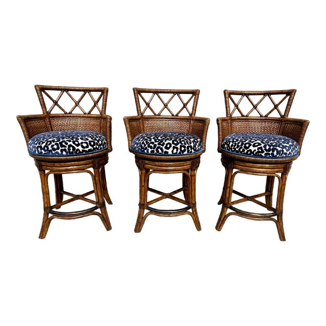 Vintage Tommy Bahama Kamala by Lexington Rattan Swivel Counter Stools - Set of 3 For Sale