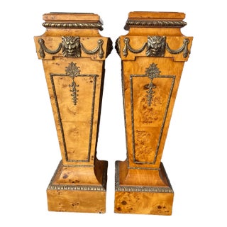 French Regency Style Pair of Burlwood Veneer Pedestal With Marble Top and Lion Head Brass Detail For Sale
