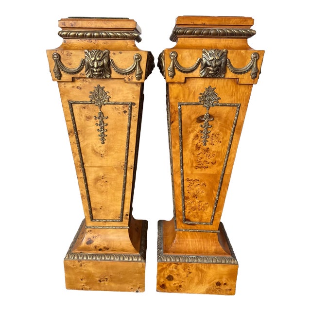 French Regency Style Pair of Burlwood Veneer Pedestal With Marble Top and Lion Head Brass Detail For Sale